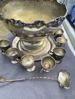 Floral Large 12" Silver Plated Footed Punch Bowl w/ Ladle & Cups Set Lot
