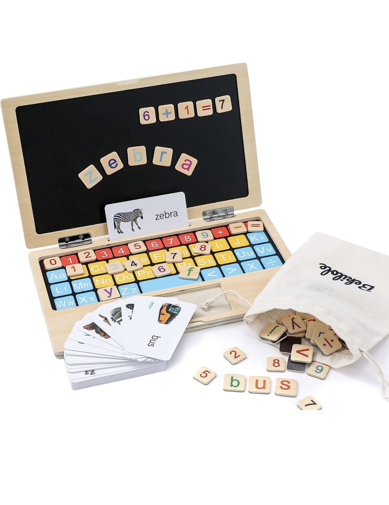 π 11.8" My First Laptop: Wooden Learning Toy with Magnetic Letters, Flashcards & Chalkboard - Montessori Toddler Toys - Educational Toy for Kids