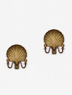 Pair of Hollywood Regency Gilt Brass Shell Candle Sconces w/ Scroll Arms, c.1960's - Delivery Available