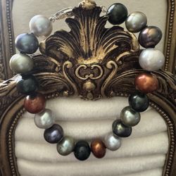 Sterling Silver Dyed ~9-10mm Multi Color Pearl Bracelet ~7.5"