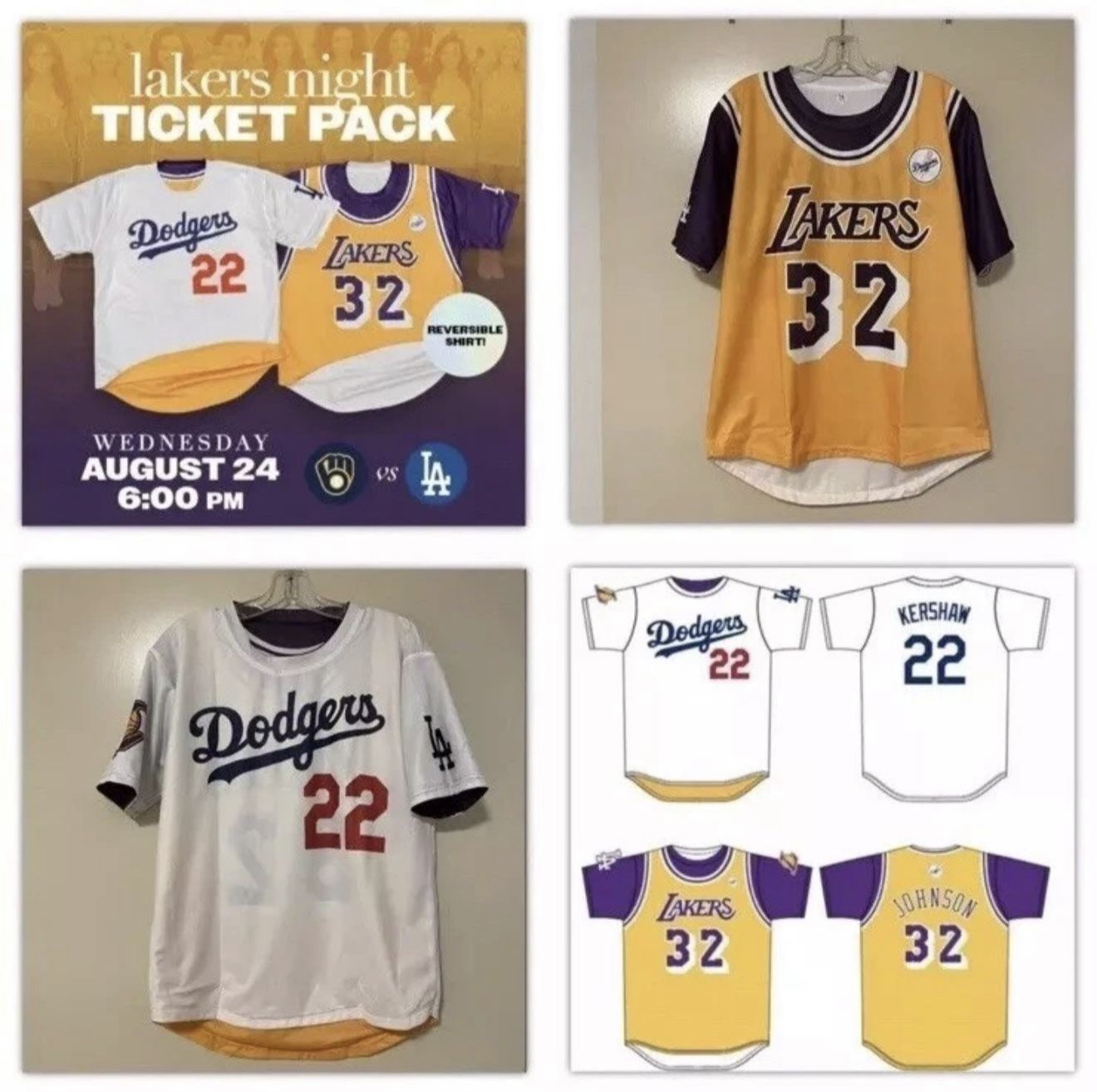 NEW LA Dodgers Lakers Night Reversible Size XL Jersey SGA Kershaw Magic Johnson Trade