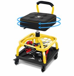 Rolling Shop Stool with Wheels, Garage Mechanic Shop Chair with Handle Backrest, Adjustable Height Work Stool, Roller Seat with Tool Tray Storage, Hea