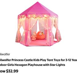 Wilwolfer Princess Castle Kids Play Tent Toys for 3-12 Years Indoor Girls Hexagon Playhouse with Star Lights