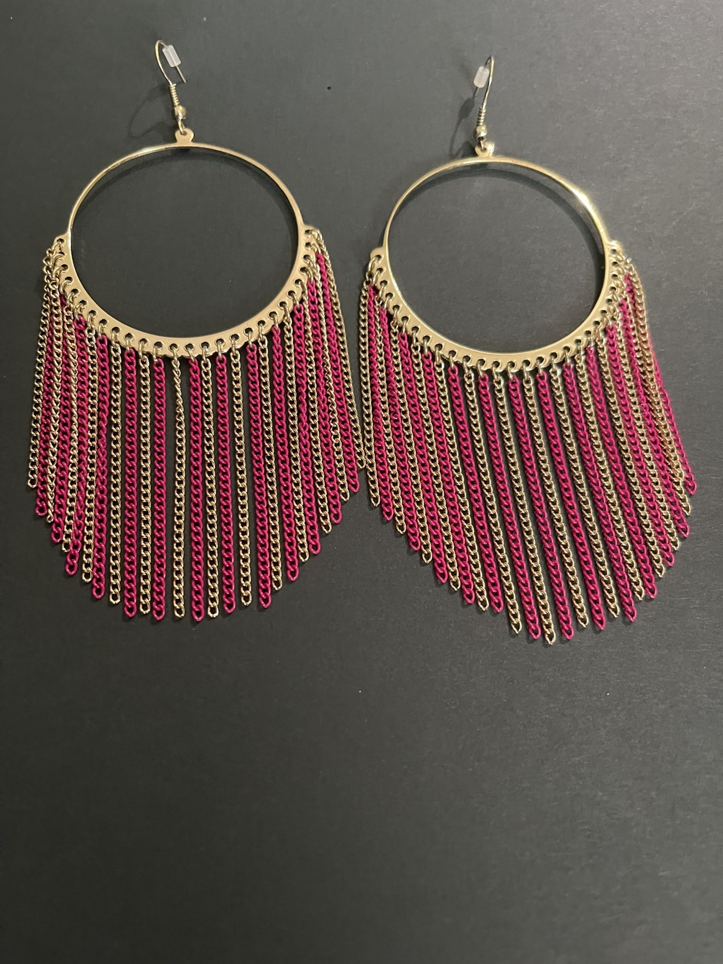 Large Gold And Maroon Chain Hoop Earrings 