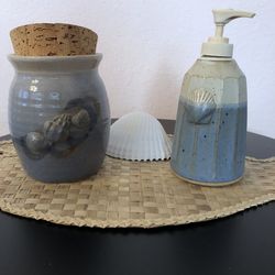 Artist Signed Shell Relief Motif Pottery Lotion/Soap Dispenser and Cork Lidded Jar.