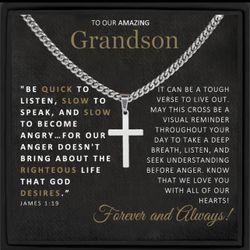 1pc Classic Stainless Steel Silvery Cross Pendant Necklace, Birthday Anniversary Gift For Him, Easter Party Gift To Grandson, Necklace + Gift Box + Ca