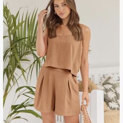 AUTOMET Women's Summer 2 Piece Linen Outfit, Orange, Medium