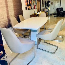 Design Dinning Set Murano Glass Top, Italian Leather Chairs