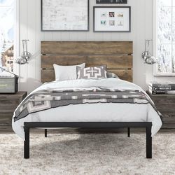 Twin Bed Frame with Wood Headboard,Rustic 3-Boards Design,Heavy Duty Metal Slats Support Platform, No Box Spring Needed, Light Brown