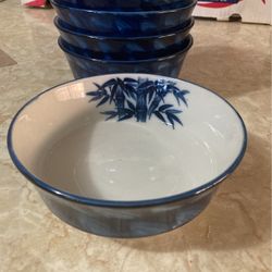 Soup Rice Japanese Bowl Footed With Blue Bamboo Pattern