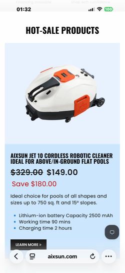 AIXSUN JET 10 CORDLESS ROBOTIC CLEANER IDEAL FOR ABOVE/IN-GROUND FLAT POOLS