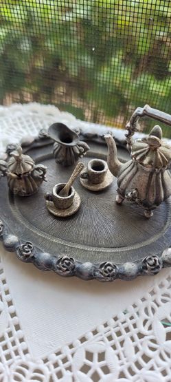 Pewter Miniature Teapot Set Vintage. Toy or Display 