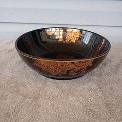 Holiday 08 Gilded Noel Black Stoneware Serving Bowl 11" Around X 3.5" Deep