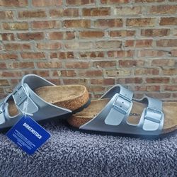 Birkenstock Arizona Birko-Flor Sandals Silver Color US Size 5-5.5 New