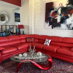Beautiful Red Ostrich Leather Sectional, Chair & Foot Stool