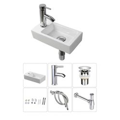 6942: Wall Hung Basin Sink Small Cloakroom Basin Rectangle Ceramic Wash Basin Left Hand with Tap & Drain (Art Deco)

