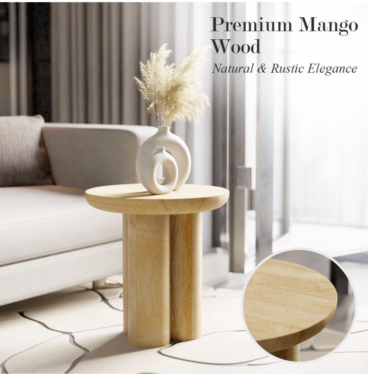 Relso Gaia Round End Table for Living Room and Farmhouse | Solid Mango Wood for Rustic Elegance | Ideal for Side Tables, Nightstands & More | Wood Sid