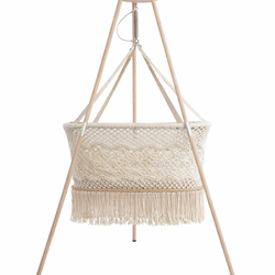 $400- wooden tripod with handmade macrame baby Bassinet from Nicaragua