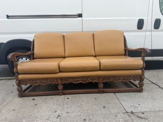 Vintage Carved Solid Oak Three-Seat Leather Sofa