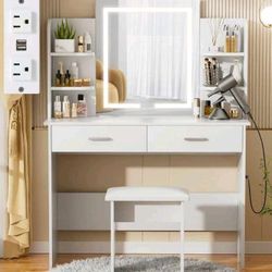 Vanity Mirror, 42" Wide Make Up Vanity Desk With Lighted Mirror, 2 Drawers, Cushioned  Stool For Bedroom, With Outlet To Plug in Your Styling tools. 