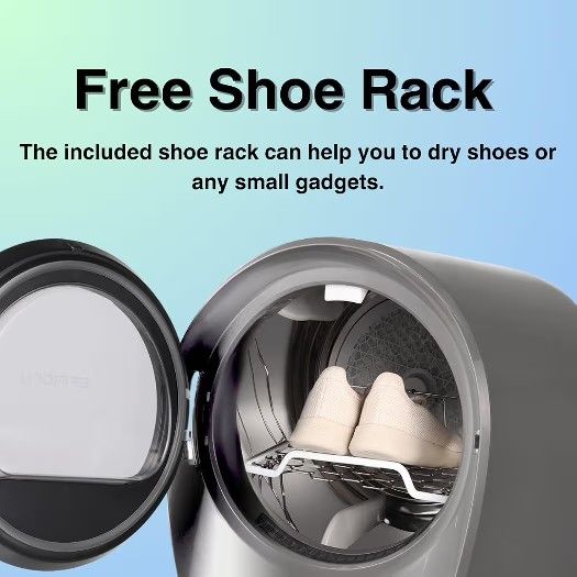Compact clothes dryer with shoe rack. Dries clothes fast, in under 10 minutes. Has multiple drying settings and can be used in various rooms. wi
