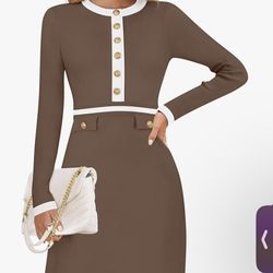 Elegant Sweater Material Brown and White Buttoned Dress