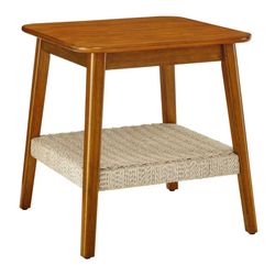Mid-Century Modern Wooden Square End Table with Woven Storage Shelf