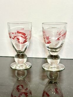 Vintage Etched Cordial Glasses with Red Accent Design, Set of 2