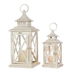 Lanterns Decorative Outdoor&Indoor, Set of 2 (14"&10") Beige Metal Lantern Decor with Glass, Candle Holder for Porch, Patio, Garden, Balcony, Wedding,