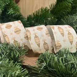 Gold Glitter Ornaments Wired Edge Ribbon 2.5 Inch Christmas Craft Supplies