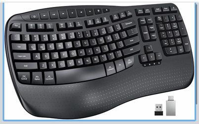 Wireless Ergonomic Keyboard with Wave Keys and Wrist Rest - Black Firm wrist rest, 2.4G USB-A receiver, USB-C adapter included, full-size layout, comp