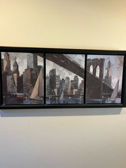 Framed Triptych City Skyline and Bridge Wall Art