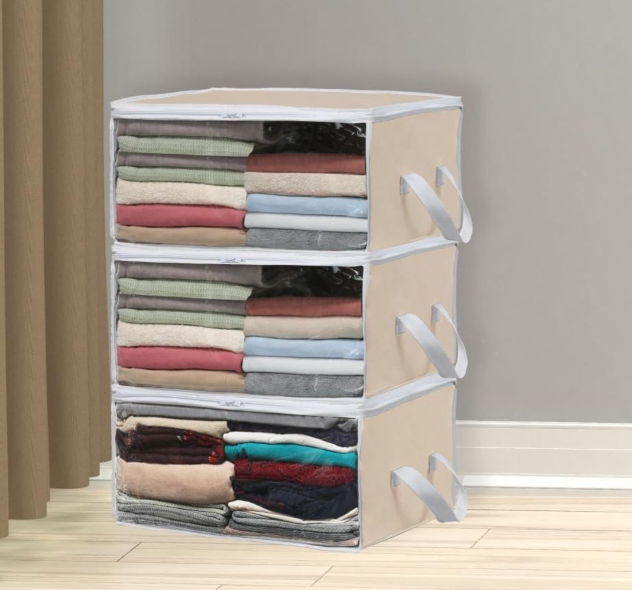 3 Pack Foldable Closet Organizer Clothing Storage Box with Clear Window, Beige
