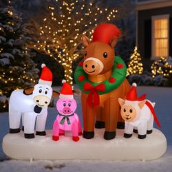 Christmas Inflatable Farm Animal Scene – Light-Up Cow, Horse, Pig & Sheep Yard Decoration with Santa Hats (6ft)