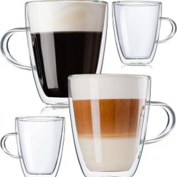 BELLA LUSSO Glass Coffee Mugs 12 oz - Double Wall Insulated