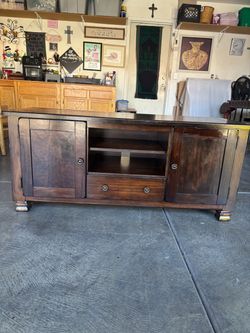 Solid Wood Long TV Stand With Drawer & Shelves With Brass Handles; With Wood Backing