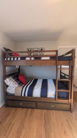 Solid wood Twin over Twin bunk bed w/bottom storage drawers and attached ladder