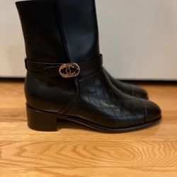 CHANEL BLACK G32231  QUILTED LEATHER BROWN  CC LOGO SHORT BOOTS SIZE 41