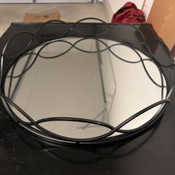 Cheungs 5386-2BK Mianzi round black metal and mirrored glass decorative tray. 