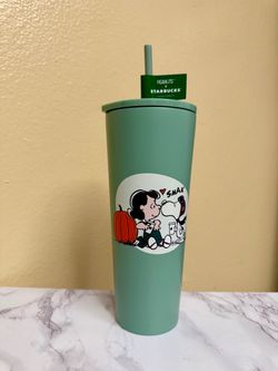 Starbucks Peanuts Snoopy & Lucy Green Tumbler Cup w/ Lid & Straw 24 oz