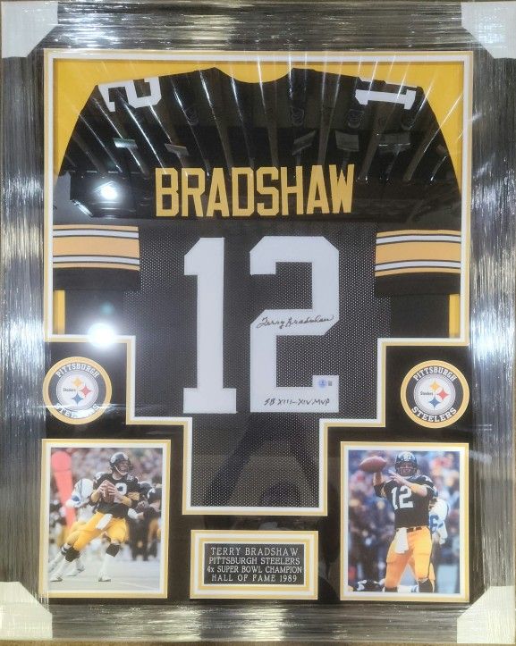 Steelers Terry Bradshaw Signed, Beckett-Certified, Deluxe-Framed Jersey