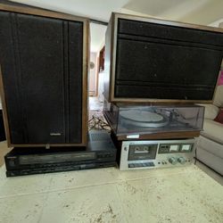 Music System With 2 Lafayette Speakers,Technics Amplifier,Akai Cassette Tape Deck , Kenwood Turn Table