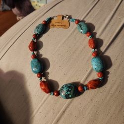 Lucas Lameth LUC 925 Sterling Silver Turquoise & Red Coral Thick Bead Necklace