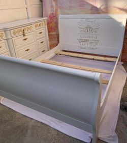 French Boho Style Wooden Queen Size Bedroom Set Including Bed Frame, Rails, Slants, And Two Nightstands Set Has Been Refurbished 