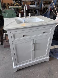 31” Wide 22” Depth 35” Height Vanity Gray With Calacatta Venato Quartz