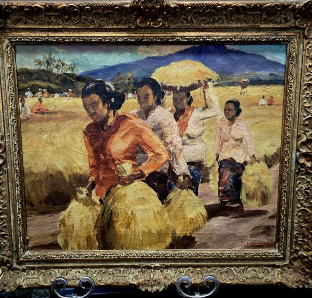 Vintage Framed Oil Painting Woman Harvesting Rise Signed by Sujatno Koempoel 25.5"×21.5"