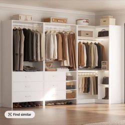 Freestanding Corner Closet System Set with Wooden Drawers ＆ Hanging Rods, Modular Reversible Walk-in Closet Organizer Wardrobe System with Shelves