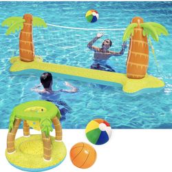Sloosh Pool Volleyball Net & Basketball Hoop with 2 Balls,Palm Tree Design Inflatable Pool Float, Swimming Pool Toys Game Basketball Volleyball Set Su