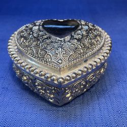 Vintage Silver Plate Metal Heart Shaped Trinket Box 