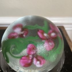 Vintage Glass Paperweight Pink Floral Design with Green  Stems and Leaves 4”